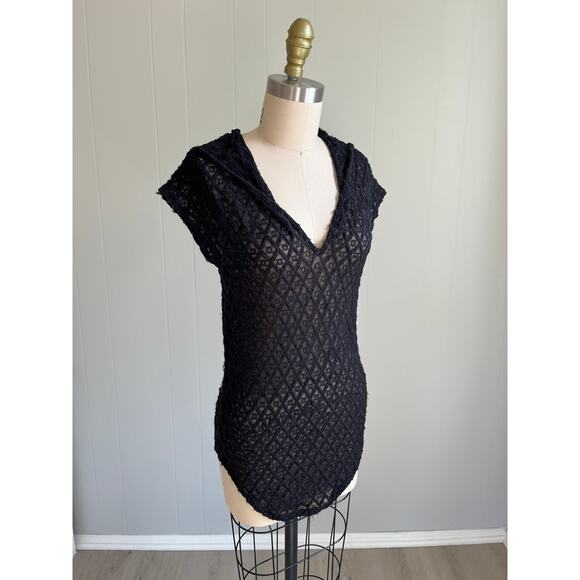 Vintage Y2K Black Sheer Stretchy Hoodie Top Medium Whimsigoth Mesh Gauzy Witchy - Picture 5 of 16